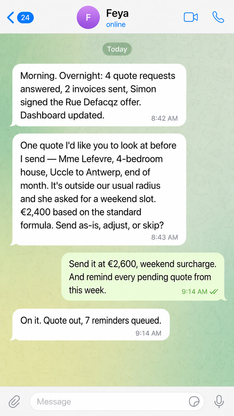 Telegram conversation with Feya preparing quotes, invoices, and reminders for approval.